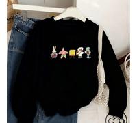 Felpa da donna con scollo tondo e maniche lunghe, vestibilità ampia e casual, per autunno/inverno, con cinque mini personaggi dei cartoni animati (SpongeBob, Patrick Stella, Squiddi, ecc.) allineati,