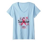 Felpa da Donna con Scritta Breast Cancer Survivor Maglietta con Collo a V, Donna, Celeste, S