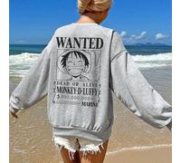 Felpa da donna con spalle scoperte, top in cotone, felpa con motivo del manifesto ricercato di Luffy, felpa larga a collo tondo, morbida e comoda, di grandi dimensioni, colore grigio con fiori, adatta