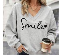Felpa da donna con stampa di sorrisi e lettere inglesi semplice, morbida e ampia, adatta per l'uso quotidiano casual, con collo tondo e maniche lunghe, foderata per l'autunno e l'inverno L,M,S,XLNatal