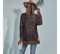 Felpa da donna con stampa leopardata autunno/inverno alla moda urban, dal design versatile e spesso, con fondo anteriore spaccato, modello alla moda leopardato, morbida e calda, ampia e lunga L,M,S,XL