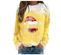 Felpa da donna con stampa "Merry Christmas", scollo rotondo, maglia a maniche lunghe, camicetta larga, giallo., XL