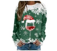Felpa da donna con stampa "Merry Christmas", scollo rotondo, maglia a maniche lunghe, camicetta larga, Verde scuro, XXL