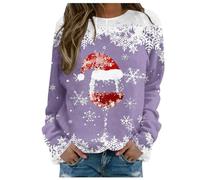 Felpa da donna con stampa "Merry Christmas", scollo rotondo, maglia a maniche lunghe, camicetta larga, Viola chiaro, M