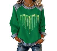 Felpa da donna con stampa patchwork denim girocollo a maniche lunghe Lucky Shamrock Pullover Top, Verde, 3XL