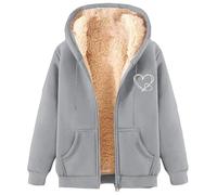 Felpa da donna foderata in pile con zip intera, felpa termica calda con stampa a cuore a maniche lunghe felpa con zip intera, Cenere Chiaro, M