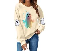 Felpa da donna Halloween con grafica fantasma allentata pullover girocollo carino top manica lunga classica felpe con cappuccio con polsino a costine confortevole autunno e inverno, Beige, L