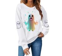 Felpa da donna Halloween con grafica fantasma allentata pullover girocollo carino top manica lunga classica felpe con cappuccio con polsino a costine confortevole autunno e inverno, bianco, L