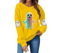 Felpa da donna Halloween con grafica fantasma allentata pullover girocollo carino top manica lunga classica felpe con cappuccio con polsino a costine confortevole autunno e inverno, Giallo, L
