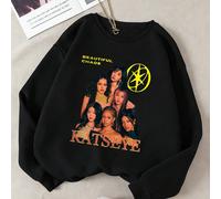 Felpa da donna in cotone dalla vestibilità ampia con spalle scese, felpa con cappuccio con stampa a occhi di gatto e motivo girl group, felpa girocollo nera dalla vestibilità ampia taglie forti per la