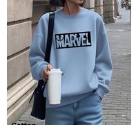 Felpa da donna in denim blu con spalle scese, top in cotone, stampa del logo Marvel Heroes, felpa ampia con scollo rotondo, taglie forti, primaverile e autunnale L,M,S,XL,XSFumetto,Geometrico,Lettere,