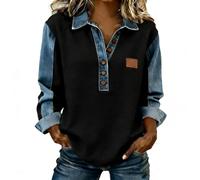 Felpa da donna in denim patchwork vintage stampa leopardata pullover da donna polo con scollo a V Polo con cuciture alla moda camicia in denim splicing per uscire top ufficio lavoro uso quotidiano