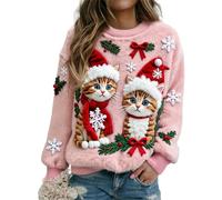 Felpa da donna in flanella con stampa di gatto natalizio, novità natalizia carina girocollo pullover top vacanze comodo abbigliamento festivo inverno casual moda morbido maglione caldo, Gatti rosa