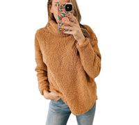 Felpa da donna in pile a collo alto in morbido pile Sherpa foderato pullover invernale caldo collo polo casual maniche lunghe top spessi, cachi, XXL