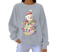 Felpa da donna natalizia con grafica pupazzo di neve, alla moda, a maniche lunghe, girocollo, per le vacanze, Cenere Chiaro, XXL