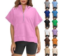 Felpa da donna, oversize, a mezza cerniera, per il tempo libero, a maniche corte, sportiva, senza cappuccio, comoda felpa larga, abbigliamento estivo, con tasche, marrone, XXL