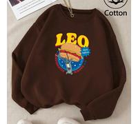 Felpa da donna oversize con coulisse, a maniche lunghe, casual, autunno/inverno, marrone. Il capo ribelle tiene in mano un hamburger gigante, con la scritta "LEO" abbinata ai segni zodiacali e all'ora
