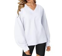 Felpa da donna oversize con scollo a V casual in pile pullover maglioni carino teen maniche lunghe camicie top per il Regno Unito, bianco, S