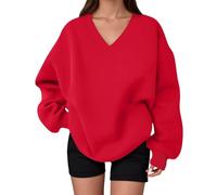 Felpa da donna oversize con scollo a V e maniche lunghe, elegante, casual e dolce, sportiva, senza cappuccio, Colore: rosso, XL