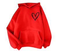 Felpa da donna Oversize Long Felpe con cappuccio da donna Originale Top a metà stagione Top con motivo cuore Loungewear Stampato Cappuccio Personalizzato Felpe con Tasca Felpa All'aperto, rosso, XL
