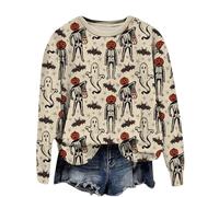 Felpa da donna per Halloween, taglie forti, pullover a maniche lunghe, stampa fantasma, casual, girocollo, con polsini a costine, top larghi di base, autunno e inverno, A-1-cachi, L