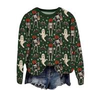 Felpa da donna per Halloween, taglie forti, pullover a maniche lunghe, stampa fantasma, casual, girocollo, con polsini a costine, top larghi di base, autunno e inverno, A-1-verde, L