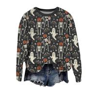 Felpa da donna per Halloween, taglie forti, pullover a maniche lunghe, stampa fantasma, casual, girocollo, con polsini a costine, top larghi di base, autunno e inverno, A-2-grigio scuro, L