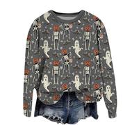 Felpa da donna per Halloween, taglie forti, pullover a maniche lunghe, stampa fantasma, casual, girocollo, con polsini a costine, top larghi di base, autunno e inverno, A-2-grigio, L