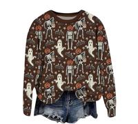 Felpa da donna per Halloween, taglie forti, pullover a maniche lunghe, stampa fantasma, casual, girocollo, con polsini a costine, top larghi di base, autunno e inverno, A-1-marrone, L