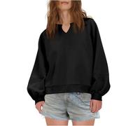 Felpa da donna senza cappuccio, elegante, in pizzo, patchwork, oversize, tinta unita, a maniche lunghe, scollo a V, maniche lunghe, per autunno e inverno, sottile, in velluto, alla moda, Nero , XL