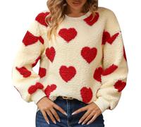 Felpa da donna senza cappuccio, in pile caldo, a maniche lunghe, per l'inverno, con motivo a cuore, girocollo, per il fitness, Colore: rosso, M