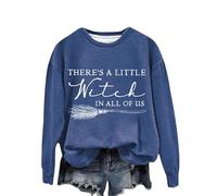 Felpa da donna There's A Little Witch In All of Us. Donna Monogramma Stampa Halloween Strega Girocollo Senza Cappuccio Donne Maglioni e Pullover, Blu, XXL