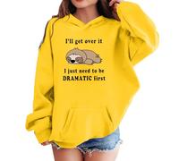 Felpa da ragazza con stampa di gatti Dramatic First Slogan a maniche lunghe | Un'illustrazione di gatto seduto si trova tra le parole I'll get over it and I just need to be dramatic first