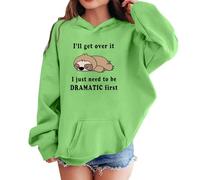 Felpa da ragazza con stampa di gatti Dramatic First Slogan a maniche lunghe | Un'illustrazione di gatto seduto si trova tra le parole I'll get over it and I just need to be dramatic first