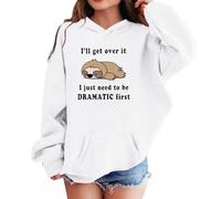Felpa da ragazza con stampa di gatti Dramatic First Slogan a maniche lunghe | Un'illustrazione di gatto seduto si trova tra le parole I'll get over it and I just need to be dramatic first