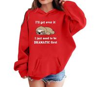 Felpa da ragazza con stampa di gatti Dramatic First Slogan a maniche lunghe | Un'illustrazione di gatto seduto si trova tra le parole I'll get over it and I just need to be dramatic first