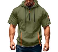 Felpa da uomo a maniche corte con chiusura lampo, leggera, oversize, con cappuccio e tasca, casual, a quarto di zip per il tempo libero e lo sport, verde, M
