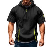 Felpa da uomo a maniche corte con chiusura lampo, leggera, oversize, con cappuccio e tasca, casual, a quarto di zip per il tempo libero e lo sport, Nero , XXL