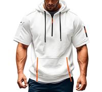 Felpa da uomo a maniche corte con chiusura lampo, leggera, oversize, con cappuccio e tasca, casual, a quarto di zip per il tempo libero e lo sport, bianco, 3XL