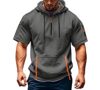 Felpa da uomo a maniche corte con chiusura lampo, leggera, oversize, con cappuccio e tasca, casual, a quarto di zip per il tempo libero e lo sport, grigio., XXL