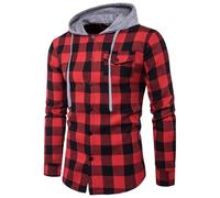 Felpa da uomo a maniche lunghe, classica, slim fit, plaid, con bottoni, con tasche, da uomo e da autunno, Colore: rosso, XL