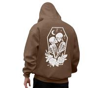 Felpa da uomo a maniche lunghe con cappuccio da uomo con stampa scheletro di Halloween, casual, vestibilità larga, maglione per autunno e inverno, comoda felpa streetwear con tasca da uomo, marrone