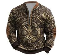 Felpa da uomo con albero della vita celtico - Pullover con Yggdrasil, rune e stampa 3D | Maglia a maniche lunghe rustica vichinga con colletto con cerniera, Stile M01 Nero, M