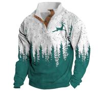 Felpa da uomo con bottoni, stile casual, alla moda, con stampa di cervi e albero di Natale, a maniche lunghe, con colletto rialzato, vestibilità larga, per festival, tendenza, senza cappuccio, morbida