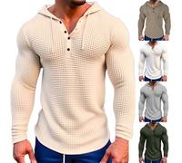 Felpa da uomo con cappuccio da palestra e muscolo da uomo, a nido d'ape, traspirante, con cappuccio a 1/4 bottoni, con coulisse, per atletica, bodybuilding, maniche lunghe, collo a bottone, maglione