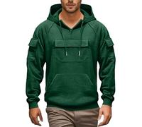 Felpa da uomo con cappuccio e cerniera a 1/4, da uomo, con cappuccio, con molte tasche grandi, con coulisse, in tinta unita, per tutti i giorni, casual, Nero/verde, 4XL