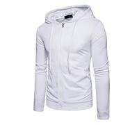 Felpa da uomo con cappuccio e cerniera, a maniche lunghe, con tasca frontale, tinta unita, vestibilità aderente, con coulisse, leggera, con cappuccio, bianco, S