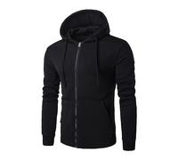 Felpa da uomo con cappuccio e cerniera, a maniche lunghe, con tasca frontale, tinta unita, vestibilità aderente, con coulisse, leggera, con cappuccio, Nero , 3XL