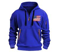 Felpa da uomo con cappuccio e cerniera a quarto con stampa di bandiera degli Stati Uniti, comoda, atletica, calda, alla moda, con cappuccio, casual, alla moda, Blu, L