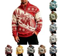 Felpa da uomo con cerniera a un quarto di lunghezza, con collo a lupetto | Maglione da uomo con grafica classica in stile etnico con orso, con stampa di orso, maglione invernale per festival